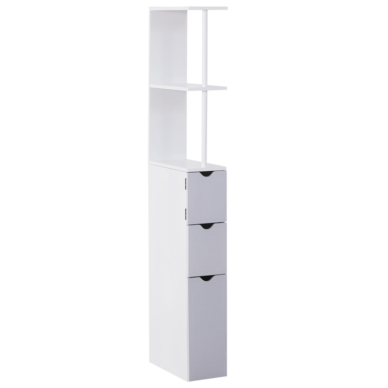 Slimline Bathroom Storage Free-Standing Bathroom Cabinet Unit Tall Shelf Toilet Tissue Cupboard w/Drawers – Grey and White