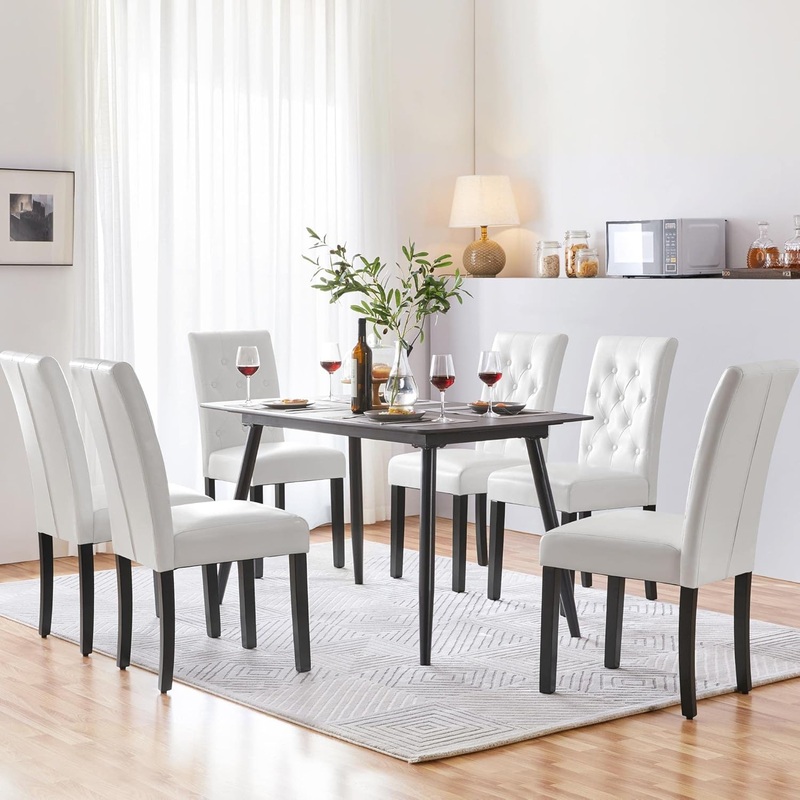 Yaheetech Dining Chairs with Leather Seat and Solid Wood Legs Button Tufted Padded Kitchen Chair Accent Side Chair for Home Kitchen and Restaurant, Set of 6, White White