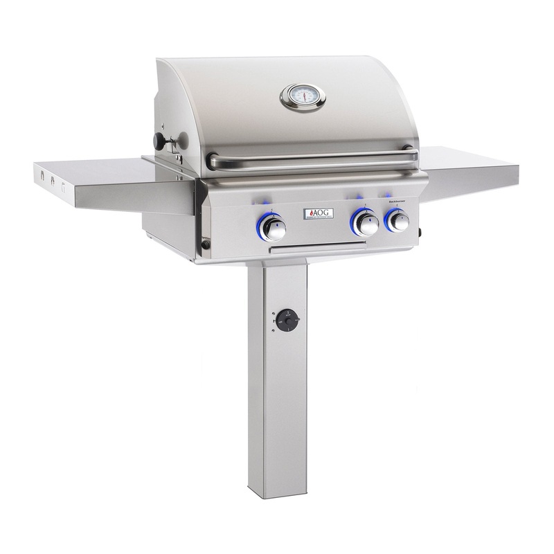 American Outdoor Grill Propane Gas 24-Inch L-Series 2-Burner Grill w/ Side Burner, Rotisserie Backburner and High Performance Rotisserie Kit on In-Ground Post – 24PGL aog-postgrills-master