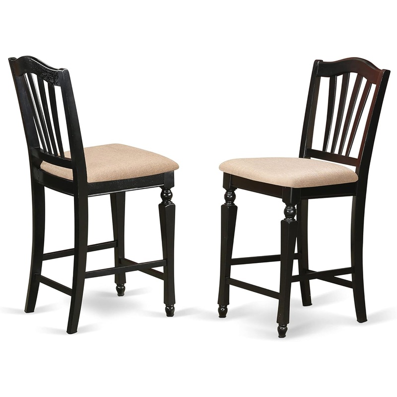 CHS-BLK-C Caf Counter Height Kitchen Chairs – Linen Fabric Upholstered Solid Wood Chairs, Set of 2, Black Chs-Blk-C