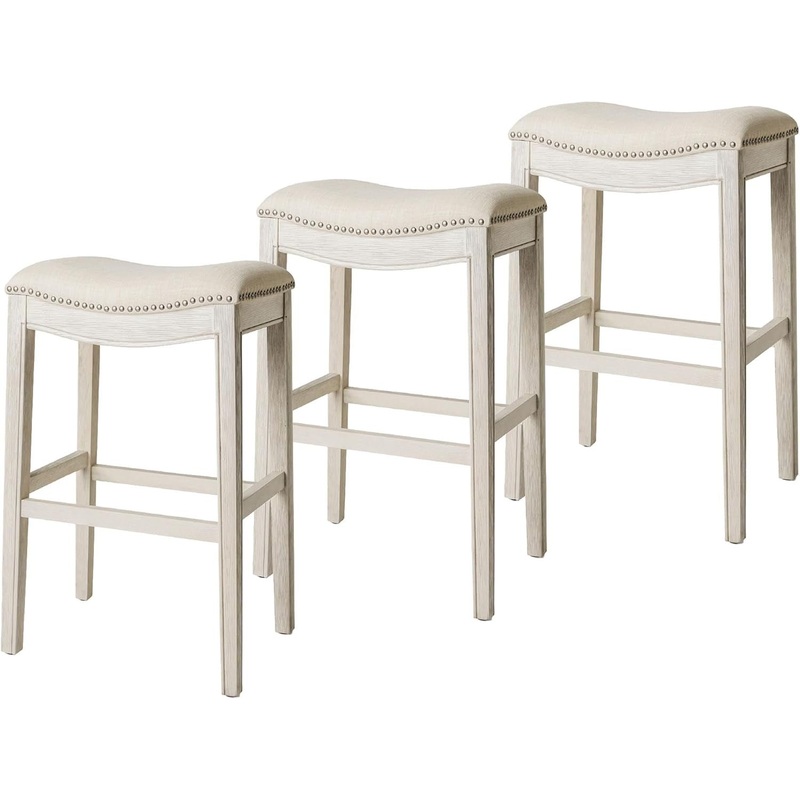 Adrien 31″ Wood Barstool – Handcrafted White Oak Finish with Natural Fabric Upholstered Saddle Seat for Comfort – Durable Backless Barstool for Kitchens, Dining Rooms, Pub, Set of 3 White Oak Set Of 3