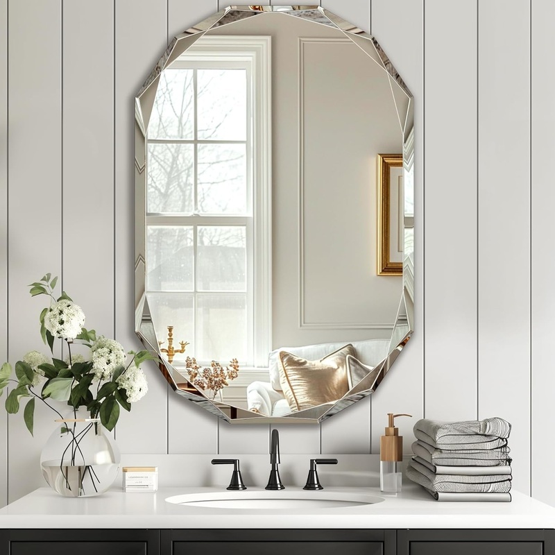 Bathroom Mirror for Wall, 24″ X 36″ Oval Mirror, Bathroom Vanity Mirror, Beveled Edge Frameless Wall Mount Vanity Mirror, Wall Mirror Decorative, Irregular Beveled Edge Mirror Nature Oval Shape 24″L X 36″W