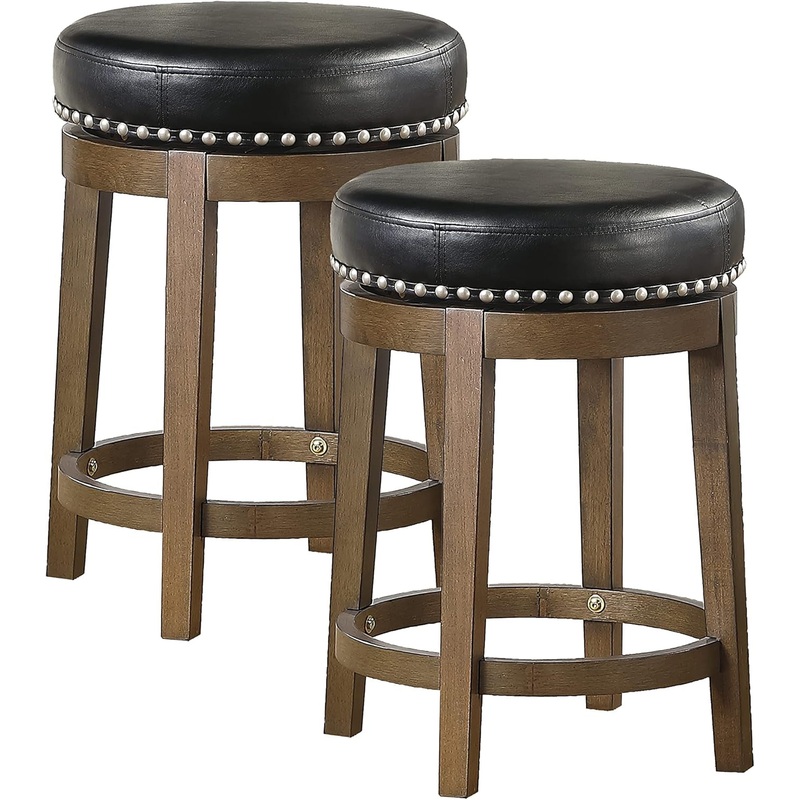 Kenmare Swivel Bar Stools Set of 2, Rustic 360 Degree Backless Swivel Counter Stools, Faux Leather Upholstered, Solid Wood Frame, Easy Assembly, round Bar Stools Swivel, Foot Rest, 25″ Black Black 25-Inch Height