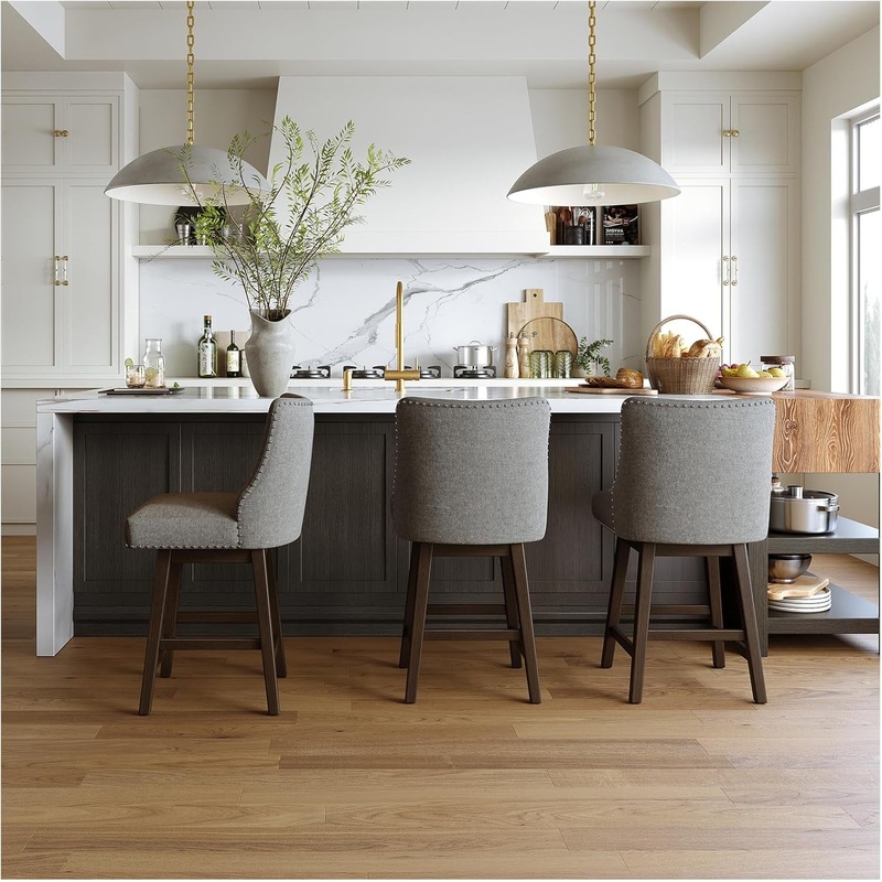 26 Inch Bar Stools Set of 3, Counter Height Swivel Barstools with Back, Solid Wood Legs with Footrest for Kitchen Island (Dark Grey Linen, 3) Dark Grey Linen 3