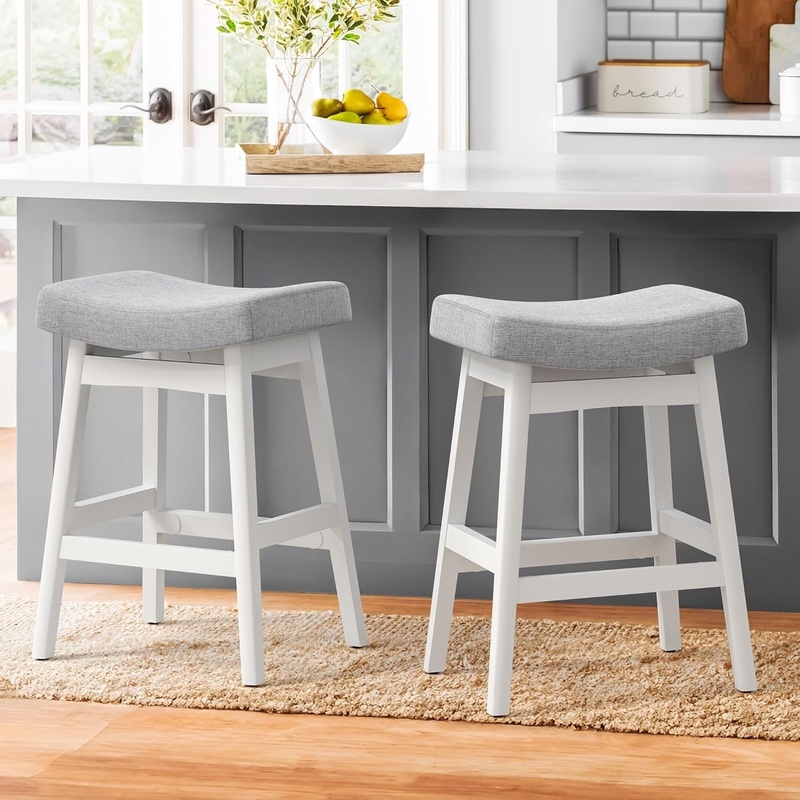 Bar Stools Set of 2, Barstools with Sturdy Wood Legs, Saddle Seat Counter Height Bar Stools for Kitchen Counter, Bar, Dining, 24 Inch Farmhouse Counter Stools, Light Gray Light Gray 2