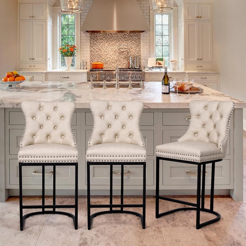 Counter Height Bar Stools Set of 3, 24″ Modern Barstools with Back, Faux Leather Upholstery Counter Chairs with Metal Legs Rivet Decor for Kitchen Island, Bar, Counter, Beige Beige Seat / Black Legs 3