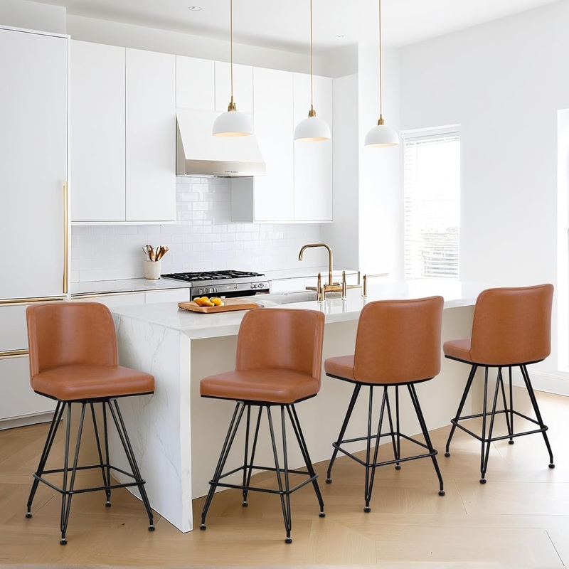 Industrial Swivel Bar Stools Set of Four 26 Inch Faux Leather Brown Set Of 4