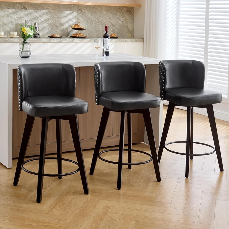 Swivel Bar Stool Set of Three with Faux Leather Black Set Of 3