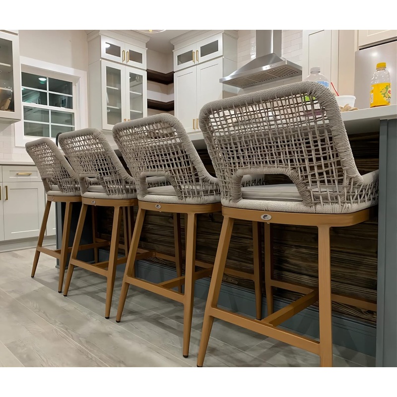 Counter Height Bar Stools Set of 4 Rattan Chair Boho Aluminum Woven Counter Stools with Back and Footrest Modern Patio Seating 24.8 Inches Outdoor Barstools Plaid 24.8″ H