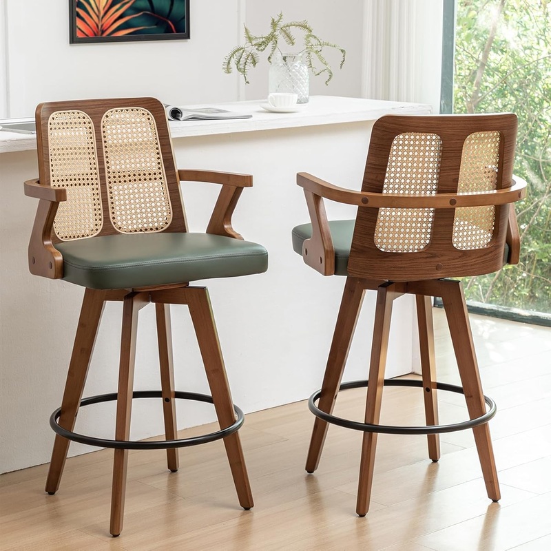 Swivel Counter Stools Set of Two with Rattan Back Walnut Green Set Of 2/ 27 Inch