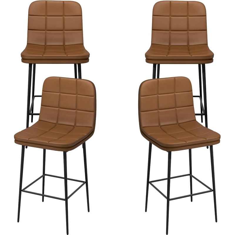 25.6 Inch Counter Height Bar Stools Checkered Pattern Modern Faux Leather Armless Bar Chairs with Backrest Metal Legs Footrest Upholstered for Kitchen Island Pub Cafe (Caramel Brown, 4 PCS) Caramel Brown 4 Pcs