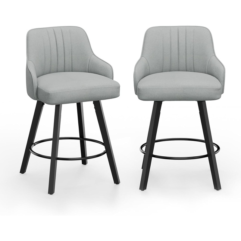 Linen Fabric Upholstered Swivel Barstools Set of Two Grey Set Of 2