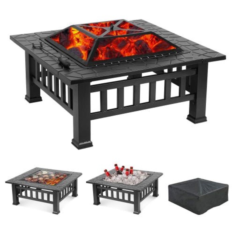 Upland Charcoal Fire Pit with Cover, Outdoor Wood Burning Fire Bowl BLACK