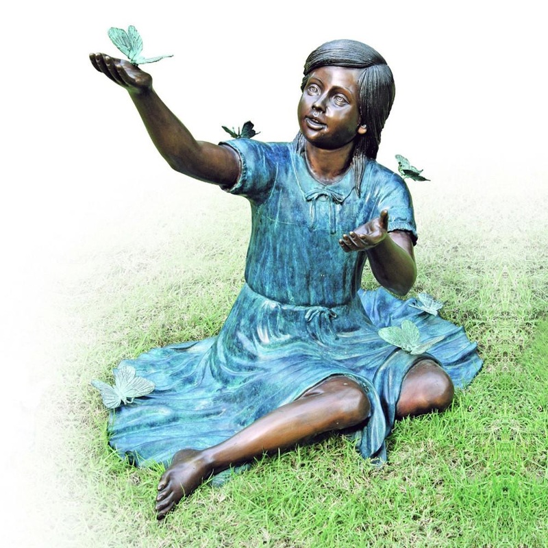 Brass Baron Girl in Dress with Butterflies Outdoor Accent