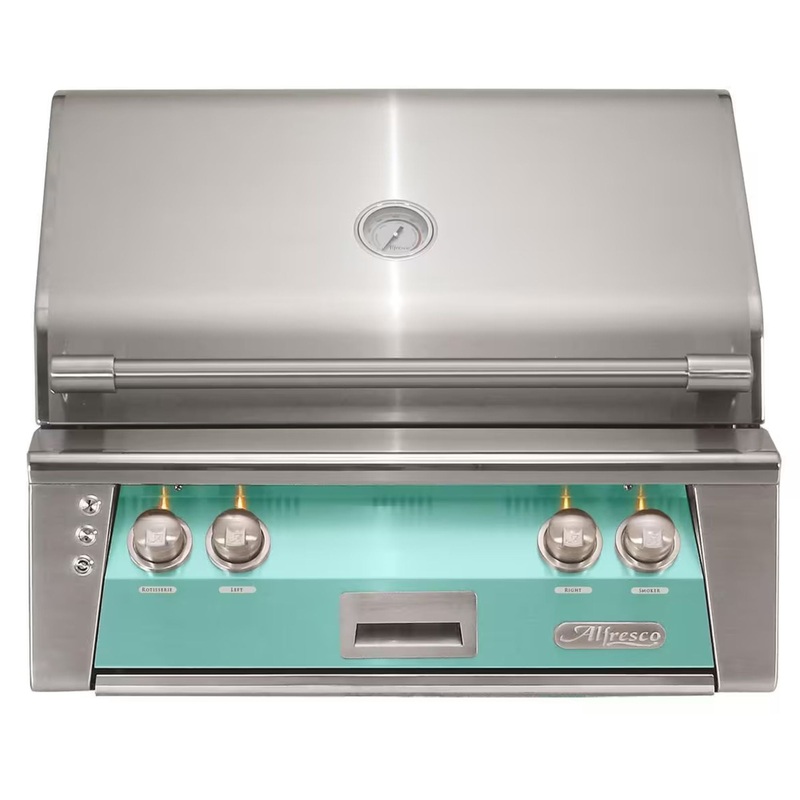 Alfresco 30-Inch Built-in Stainless Steel Gas Grill w/ Rotisserie in Light Green Propane
