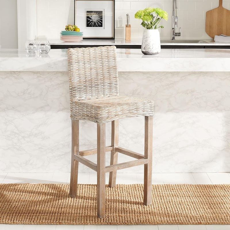 Home Tobie Grey White Wash Rattan 30-Inch Bar Stool White Washed / White Washed