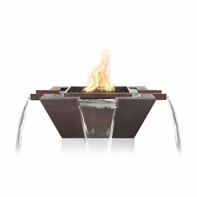 The Outdoor Plus 30 Inch Maya Hammered Copper 4-Way Spillway Square Fire & Water Bowl Match Lit Natural Gas