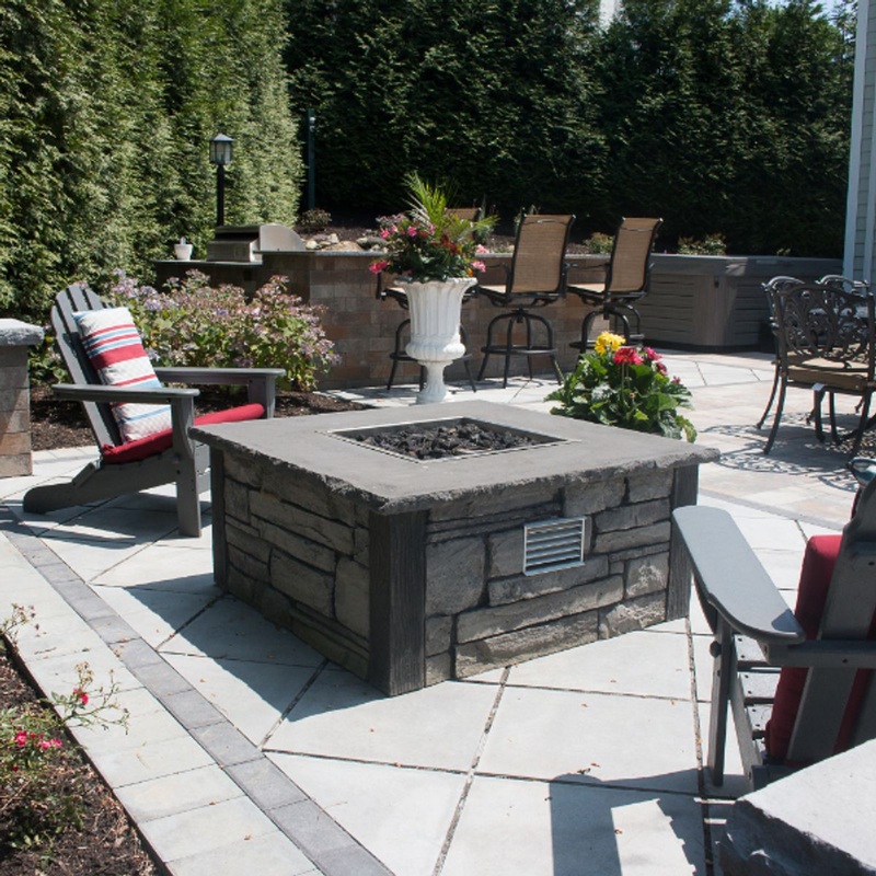 Nicolock Encore Gas Fire Pit Barnwood Biscotti Tan Match Lit