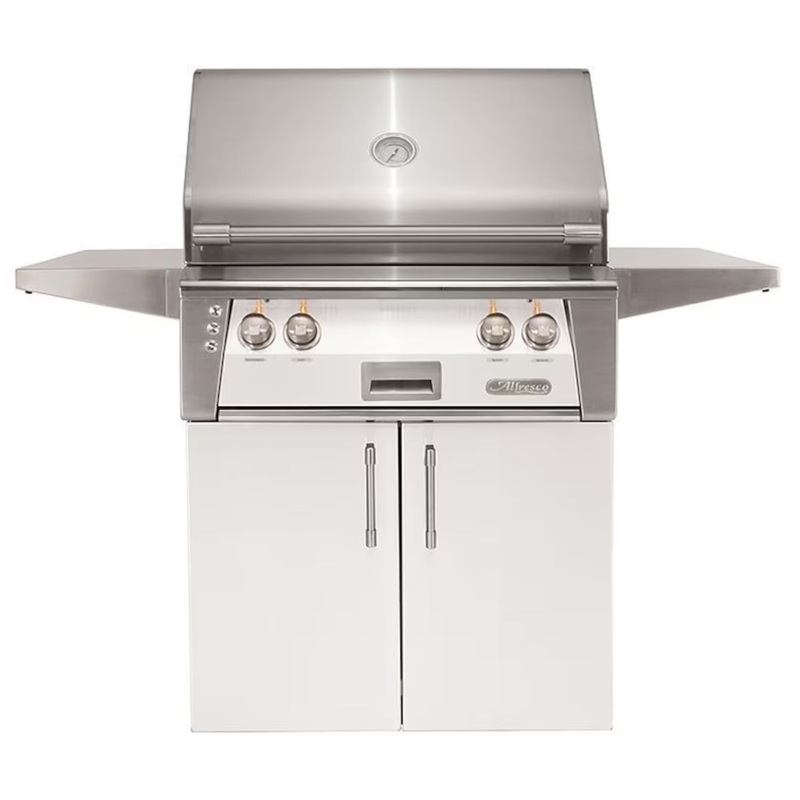 Alfresco 30-Inch Stainless Steel Freestanding Gas Grill w/ Rotisserie in Signal White Propane