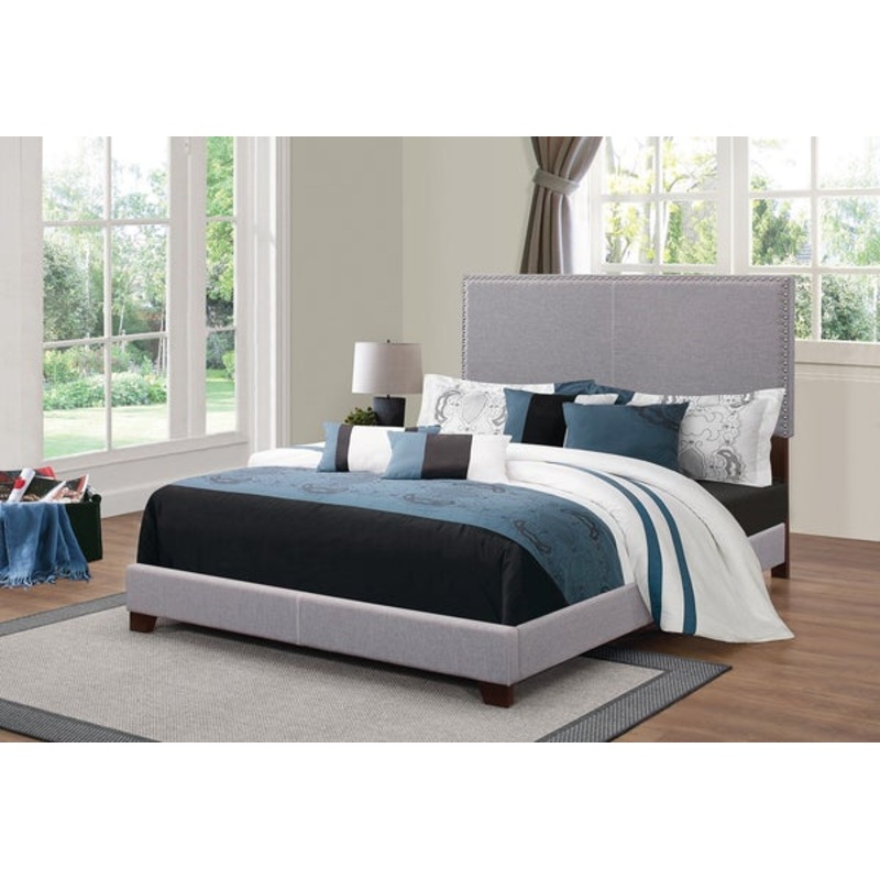Fabric Upholstered Queen Size Platform Bed With Nail Head Trim, Gray