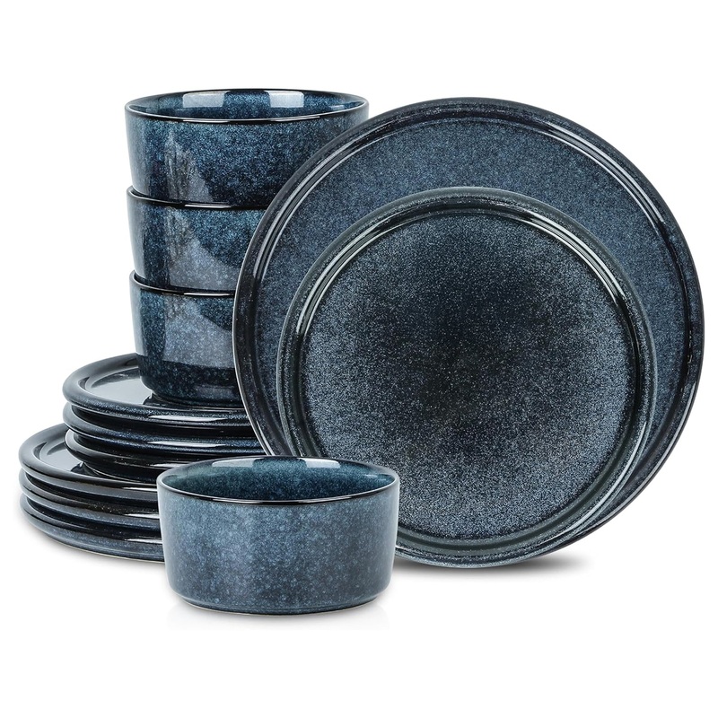 Stone Lain 12 Piece Modern Stoneware Dinnerware Set Plates, Bowls, Dark Blue