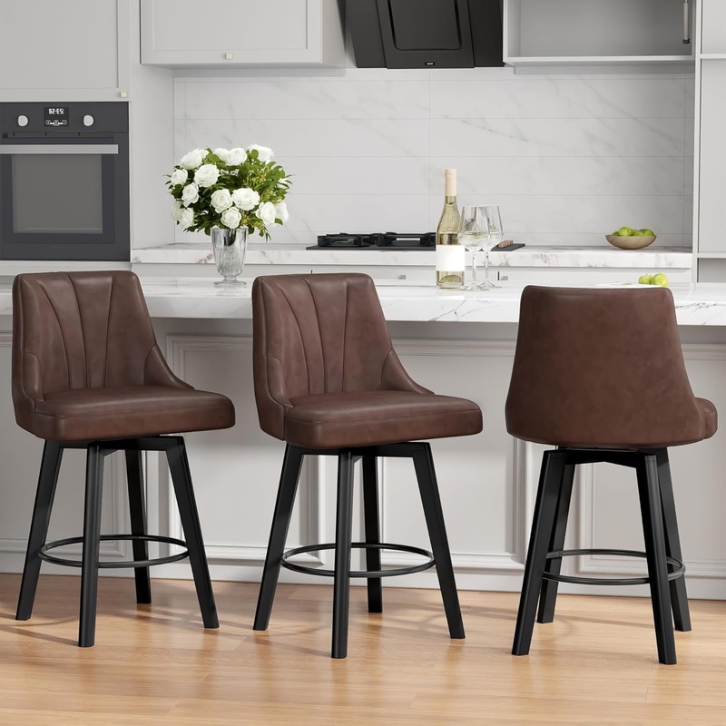 Counter Height Swivel Bar Stool, 24″ Upholstered PU Leather Barstools Set of 3, Counter Stool Chair with Back & Solid Wood Legs for Kitchen Island Dining Room (Brown) Brown-Leather 3Pcs-24″ Counter Height Stools
