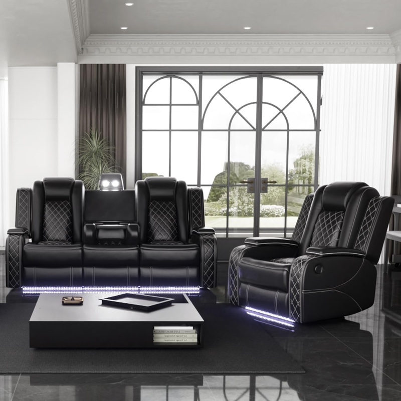 Power Black Leather Reclining Sofa Set with LED Light for Living Room SetTheater Seat Recliner Chair 3 Seats Double Recliner Sofa with Drop-Down Table/Read Light/Wireless Charge/Usb Port Black Sofa+Chair