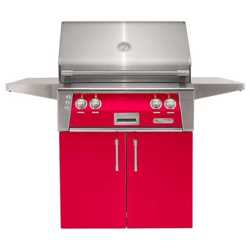 Alfresco 30-Inch Stainless Steel Freestanding Gas Grill w/ Rotisserie in Raspberry Red Propane