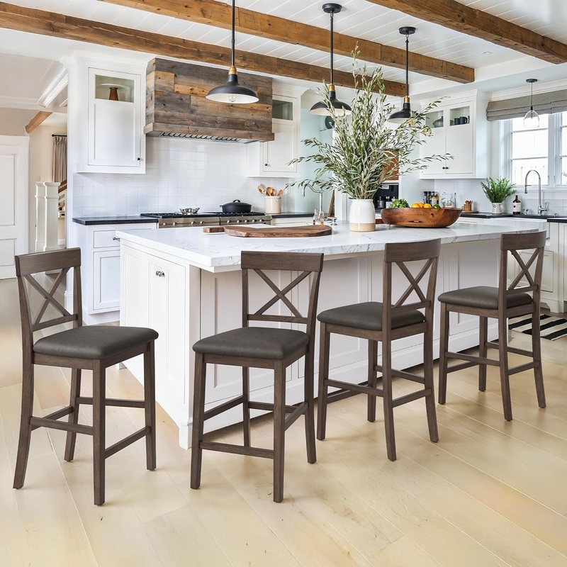 26″ Wood Bar Stools Set of 4, Counter Height Bar Stools with Classical X-Shaped Back, Solid Barstools with Rubber Wood Frames and Faux Leather Seat, Rustic Brown Rustic Brown 4