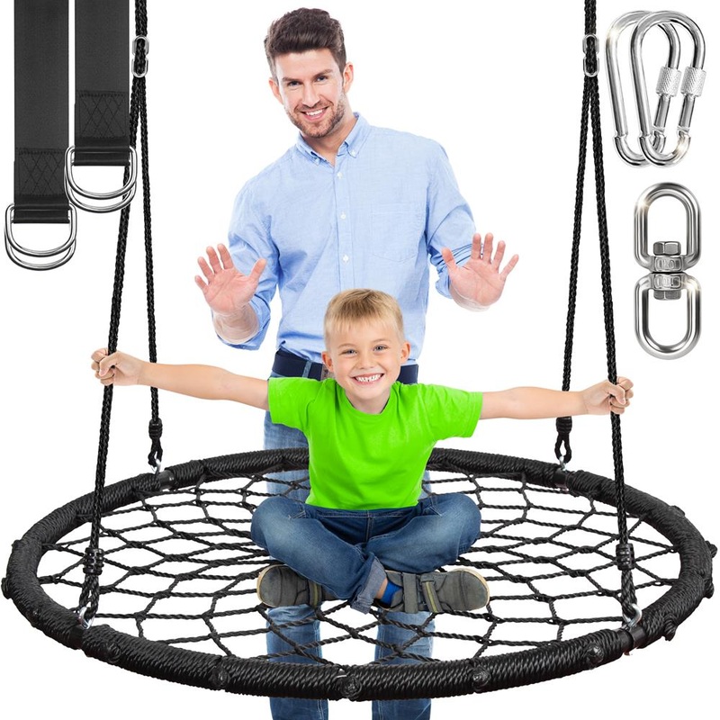 Outdoor Weave Web Swing For Kids – Indoor/Outdoor Swing, Heavy-Duty Circular Fractal Weave Web Tree Swing, Black
