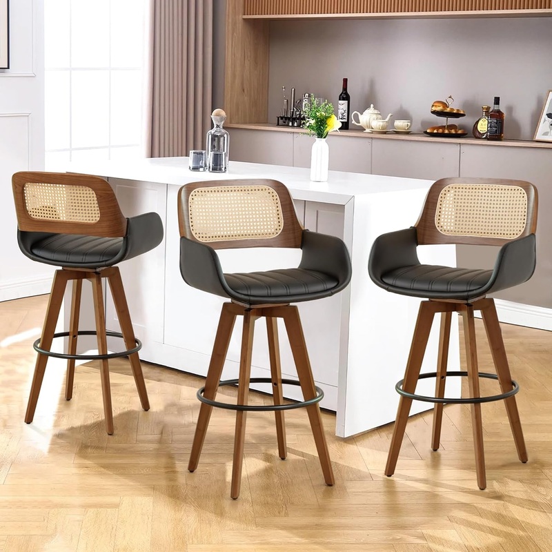 Rattan Swivel Bar Stools with Cane Backrest Design Black 26.5″-3 Pcs