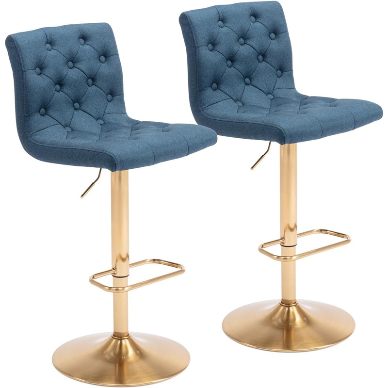 Tufted Fabric Bar Stools Set of 2, Adjustable Swivel Counter Height Barstools with Back, Upholstered Armless Airlift Bar Chairs for Kitchen Dining Cafe (Blue, Gold Base) Blue, Gold Base 2 Pcs