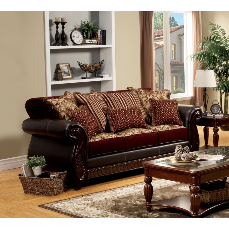 Drala Traditional Faux Leather Sofa in Burgundy
