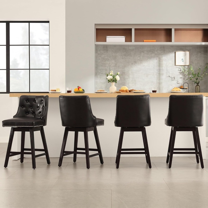 Counter Height Bar Stools Set of 4, 26″ Swivel Bar Stools with Backs and Solid Wood Legs, Mid Century Morden Faux Leather Upholstered Barstools for Kitchen Island, Home Bar, Black Leather-Black 4 Packs