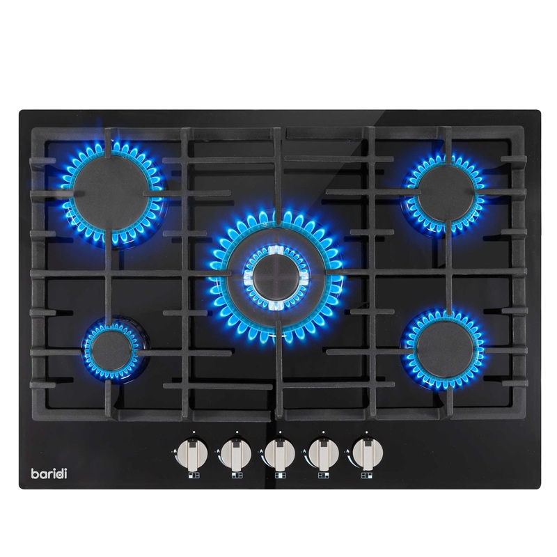 Baridi 70cm Gas on Glass Hob Built-In, 5 Burner and Cast Iron Pan Supports, Black Glass – DH228