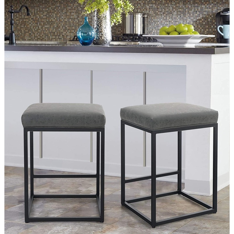 Backless Industrial Upholstered Barstools, Set of 2 Grey