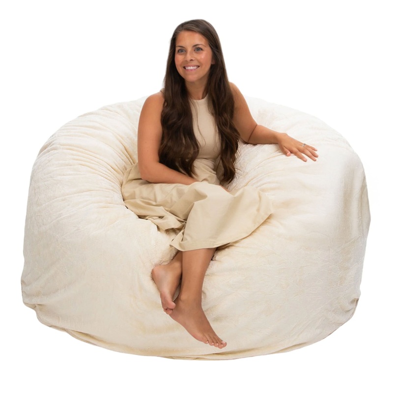 Ultimate Sack 5 Foot Foam Filled Washable Fur Covered Bean Bag Chair, Ivory