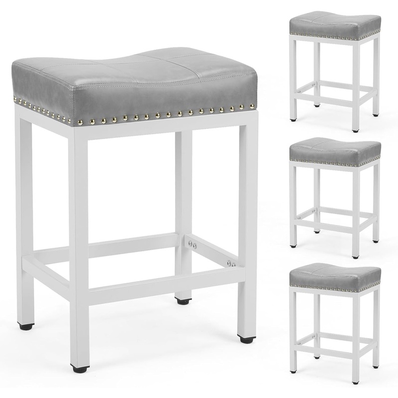 Set of Four 24 Inch Grey PU Leather Bar Stools White With Light Grey Cushion Set Of 4