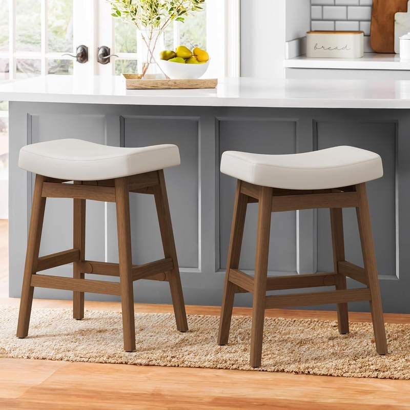 Bar Stools Set of 2, Barstools with Sturdy Wood Legs, Saddle Seat Counter Height Bar Stools for Kitchen Counter, Bar, Dining, 24 Inch Farmhouse Counter Stools, Antique White Leather Antique White 2