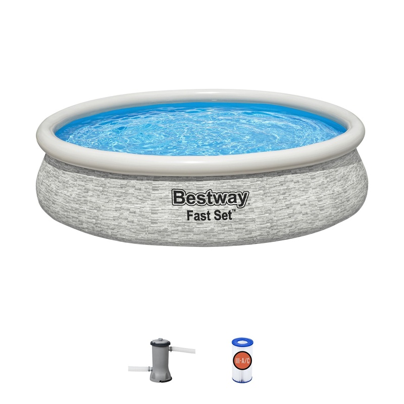 Bestway Fast Set 12′ x 30″ Inflatable Stacked Stone Swimming Pool Set (Used)