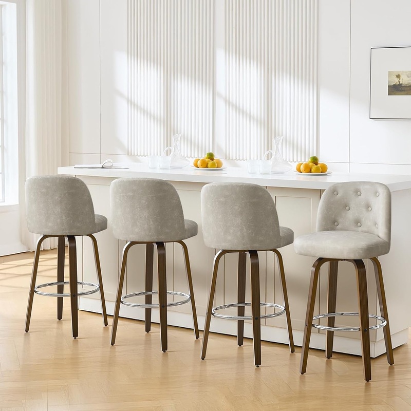 Bar Stools Set of 4, 26″ Counter Height Swivel Bar Stools with Back,Walnut Bentwood Legs, Faux Leather Upholstered Counter Stools, Modern Counter Chairs Bar Stool for Kitchen Island, Griege Pu Griege 26″ Height Set Of 4