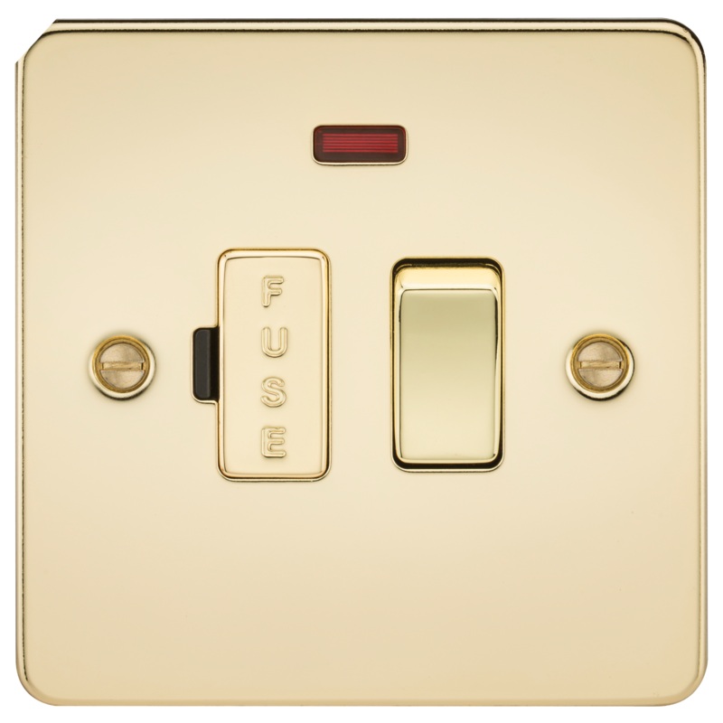 Flat Plate 13A switched fused spur unit with neon – polished brass