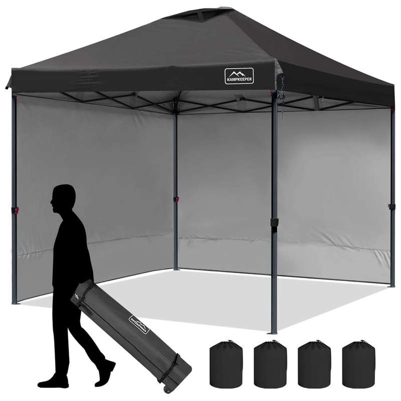 KAMPKEEPER 10×10 Pop Up Canopy Tent with 2 Sidewalls for Outdoor Use, Black