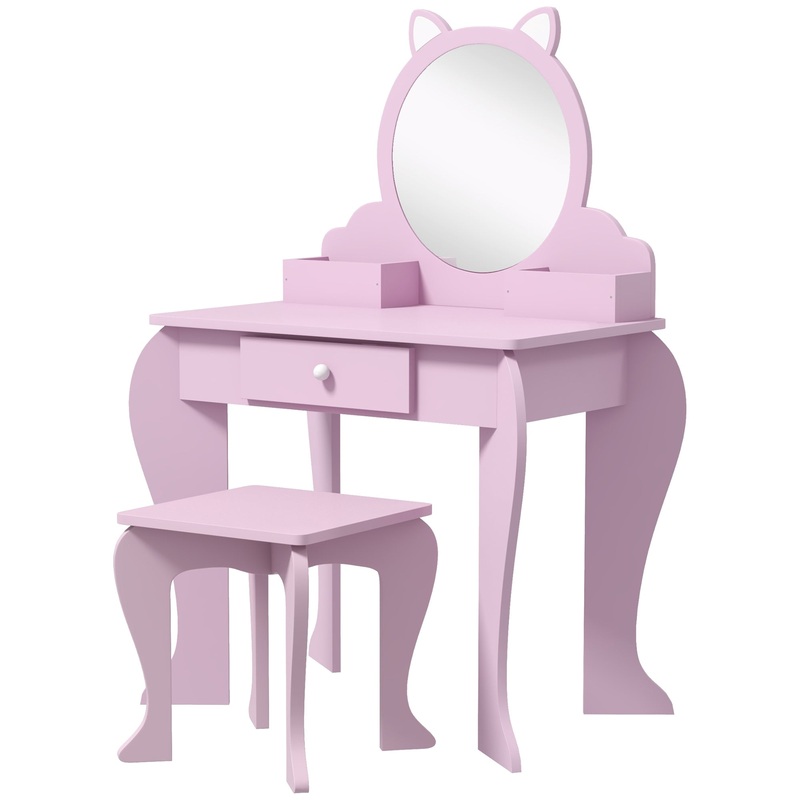 ZONEKIZ Kids Vanity Table with Mirror and Stool, Cat Design, Drawer, Storage Boxes, for 3-6 Years Old – Pink