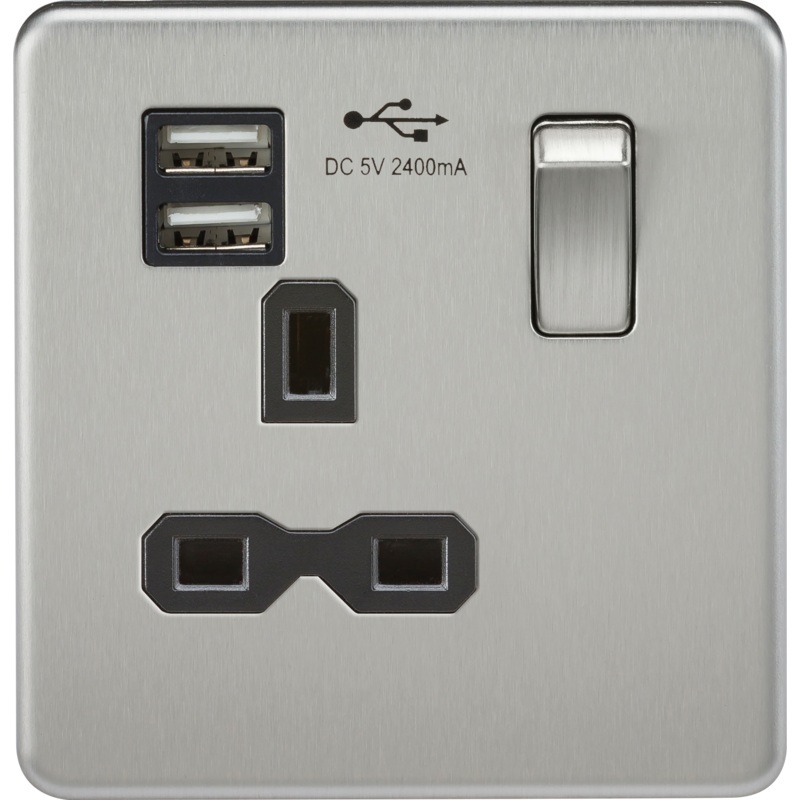 13A 1G Screwless Brushed Chrome 1G Switched Socket with Dual 5V USB Charger Ports – Black Insert
