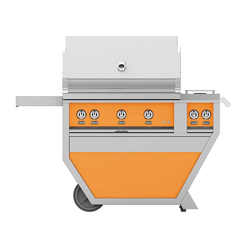 Hestan 36-Inch Propane Gas Freestanding Deluxe Grill with Double Side Burner, 1 Sear – 2 Trellis w/ Rotisserie in Orange – GMBR36CX2-LP-OR hestan-36lpfreestandinggrills-master