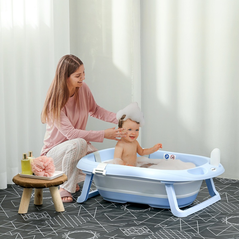ZONEKIZ Foldable Baby Bath Tub, Bath Tub with Non-Slip Support, Cushion Pad, Drain Plugs, Shower Head Holder, for Newborn to 6 Years – Blue