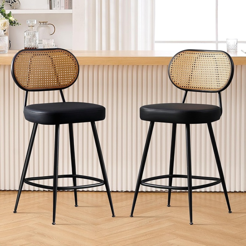 Counter Height Bar Stools Set of Two with Rattan Back Black 2Pcs-26” Counter Height Bar Stools