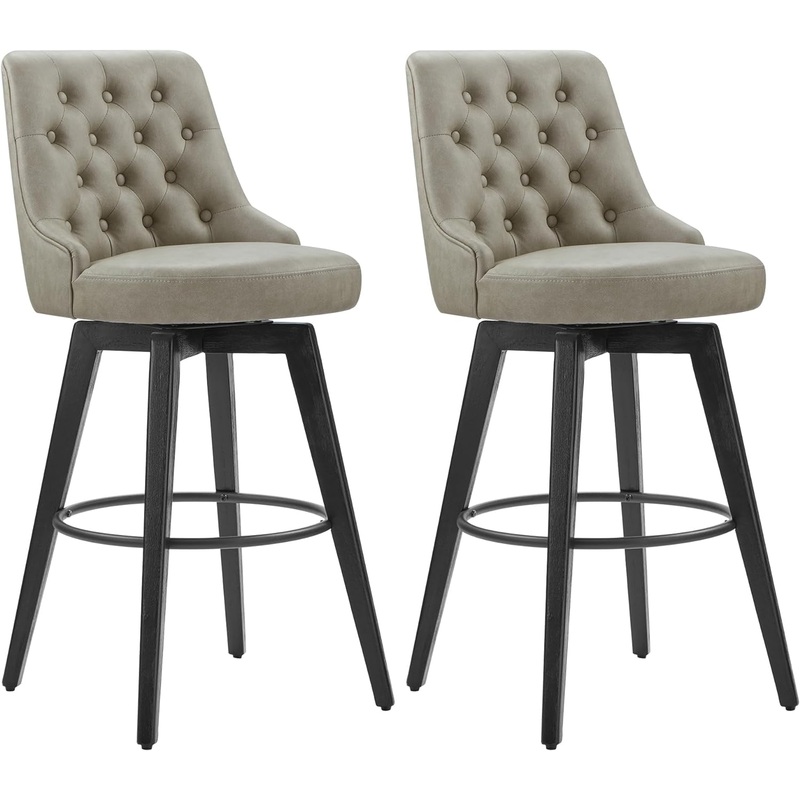Bar Stools, 360 Swivel Upholstered Bar Stool with Back, 30″ H Bar Height Barstools, Set of 2, Faux Leather in Stone Grey Faux Leather – Stone Grey 30″ Bar Height Set Of 2