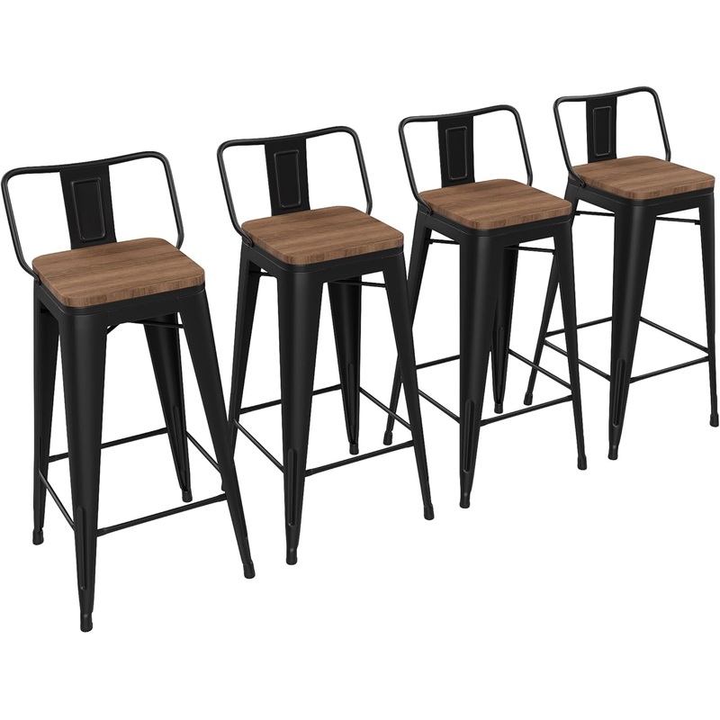 30 Inch Bar Stools Set of 4 Bar Height Metal Barstools with Wood Seat Low Back Kitchen Bar Chairs Matte Black Black 30″